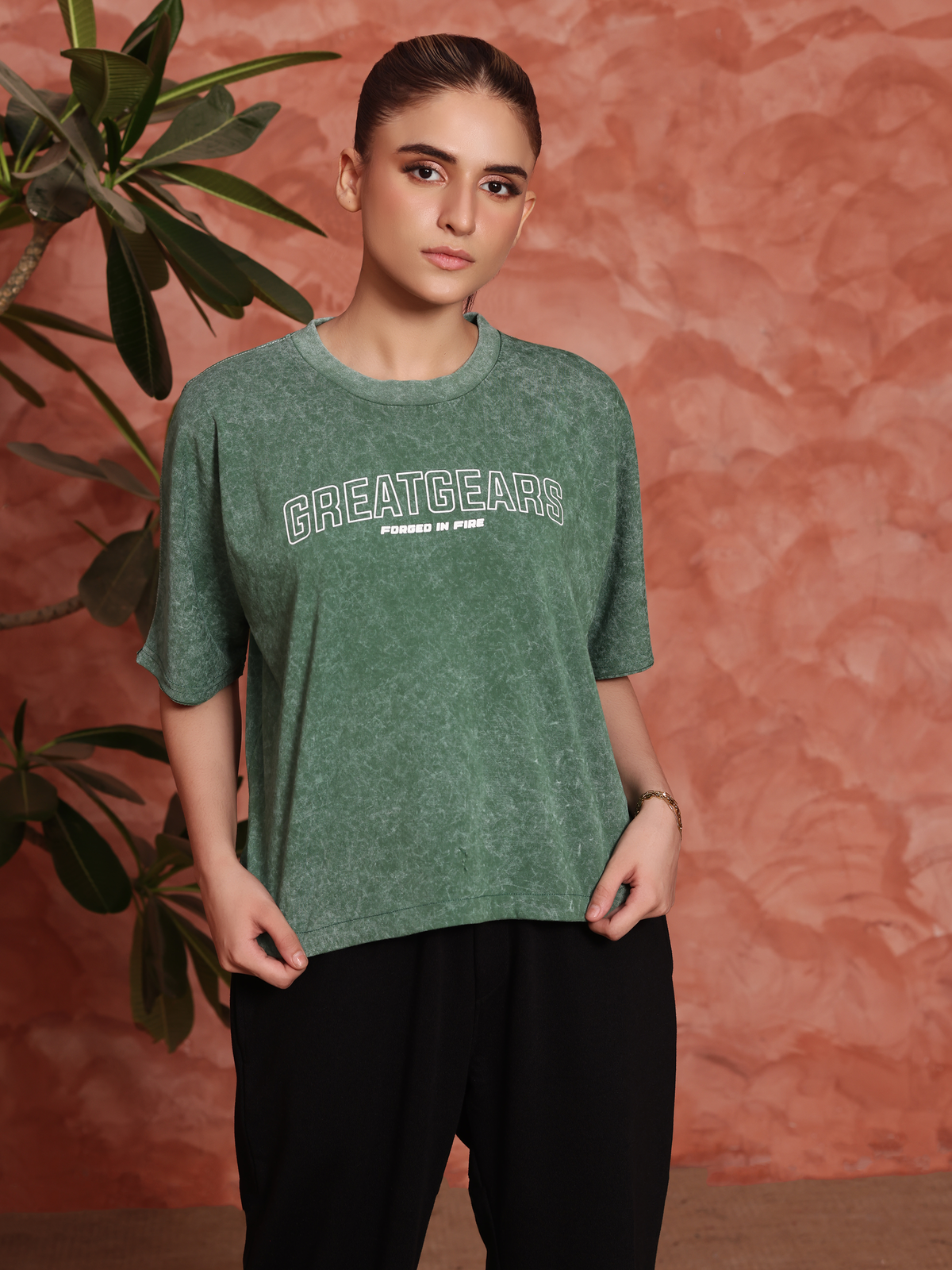 Acid Wash Women Crop Top Green