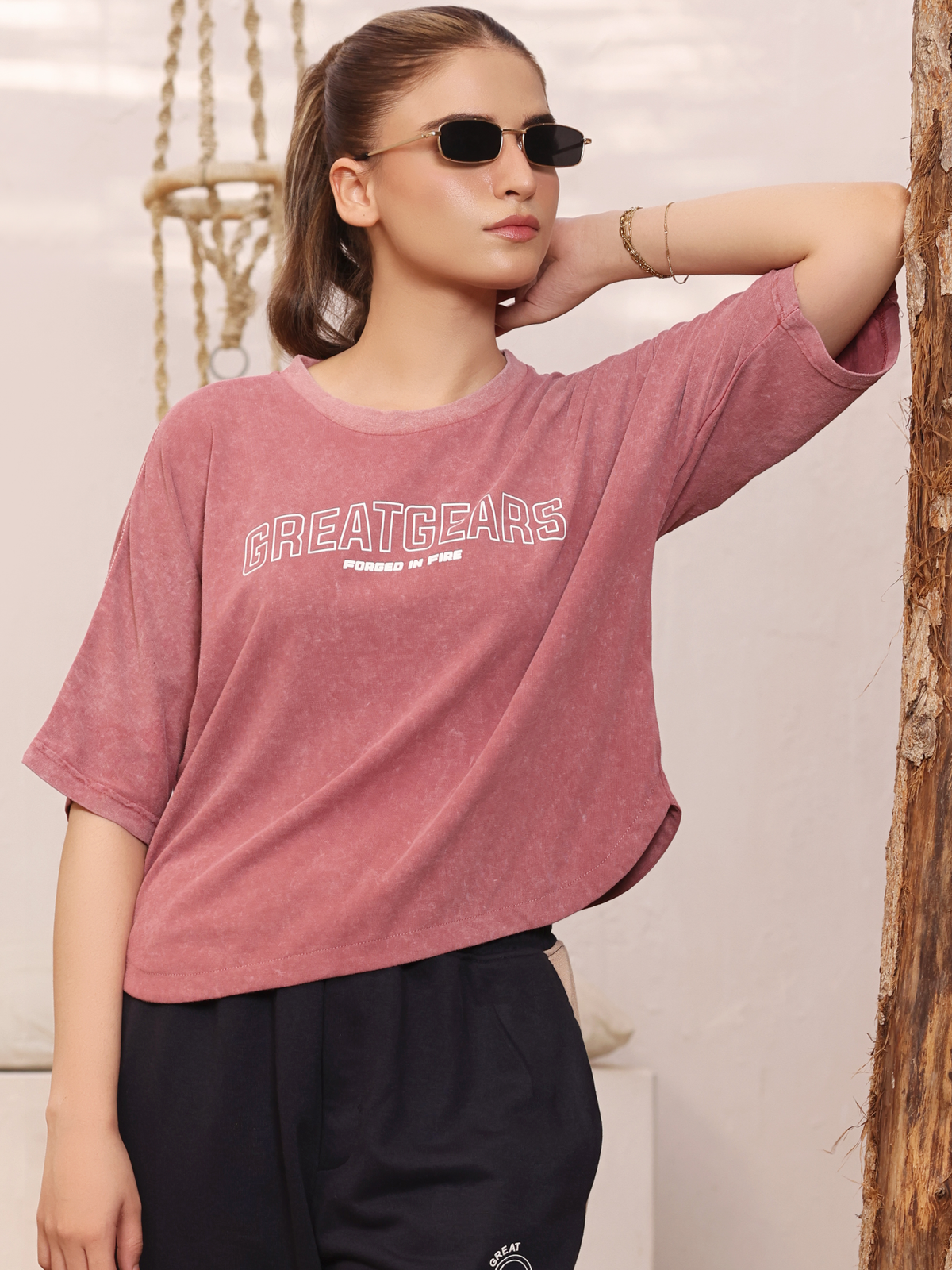 Acid Wash Women Crop Top Pink