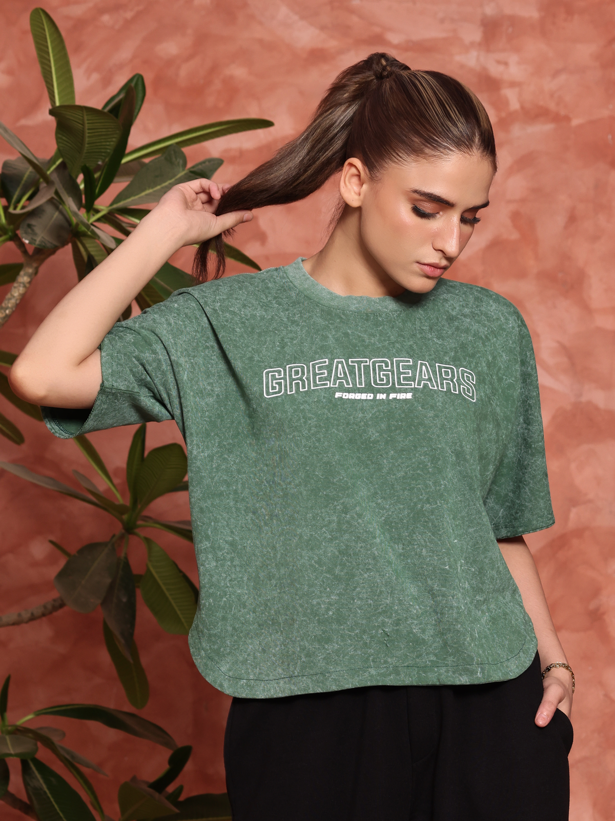 Acid Wash Women Crop Top Green