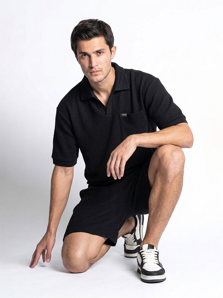 Waffel Polo and Short Co-ord set Black